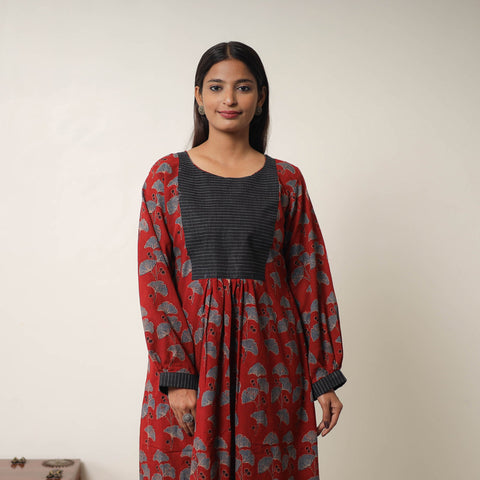 Buy Red Hand Block Print Cotton Flared Gher Ajrakh Dress