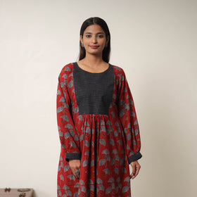Buy Red Hand Block Print Cotton Flared Gher Ajrakh Dress