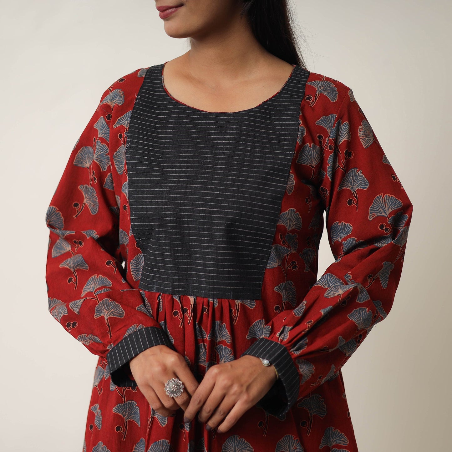 Buy Red Hand Block Print Cotton Flared Gher Ajrakh Dress