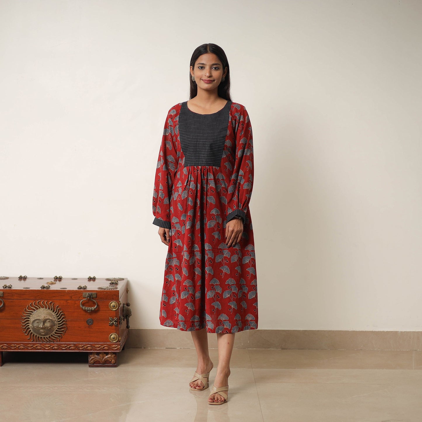 Buy Red Hand Block Print Cotton Flared Gher Ajrakh Dress
