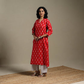 Red - hand embroidered cotton straight pochampally ikat