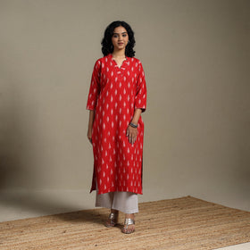 Red - hand embroidered cotton straight pochampally ikat