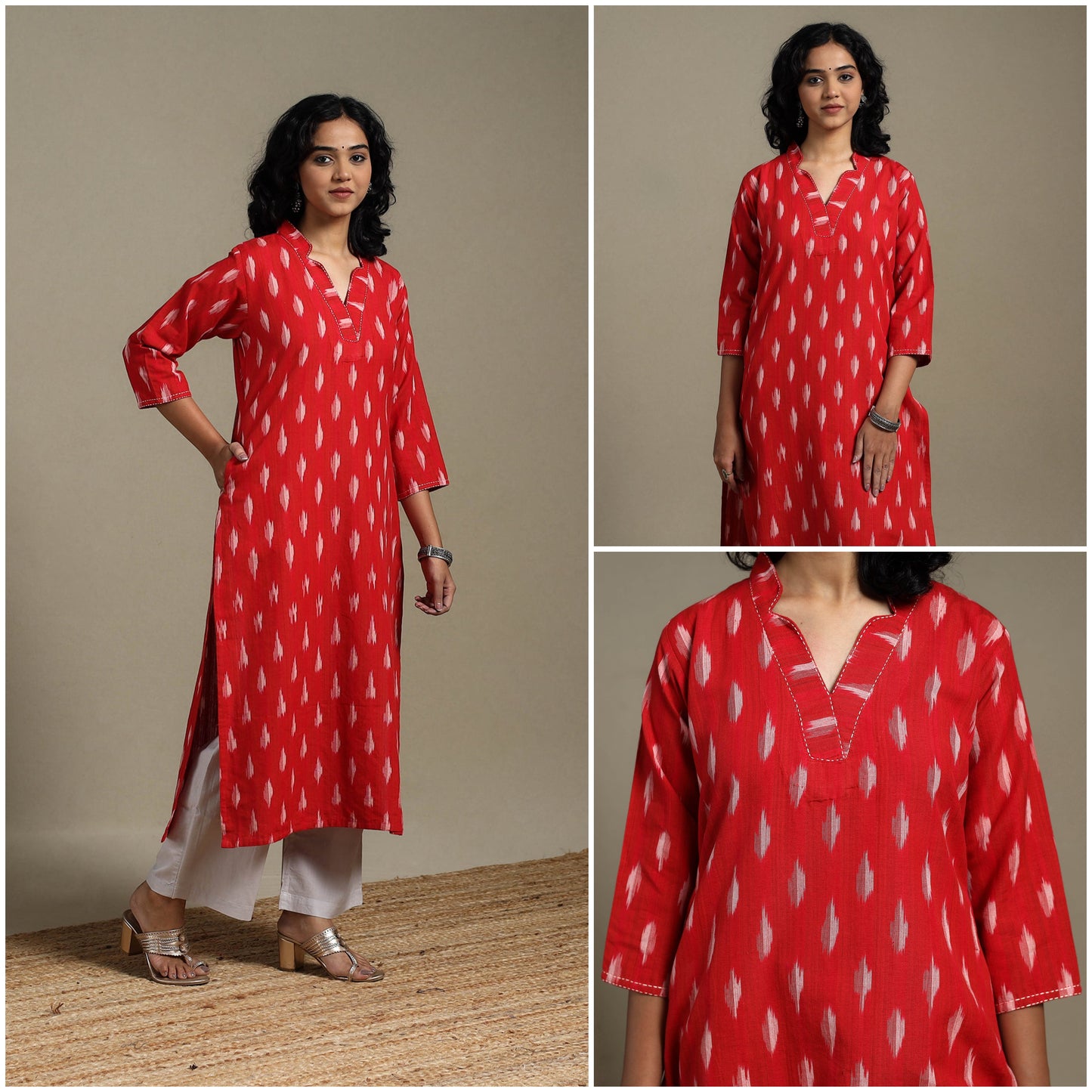 Red - hand embroidered cotton straight pochampally ikat
