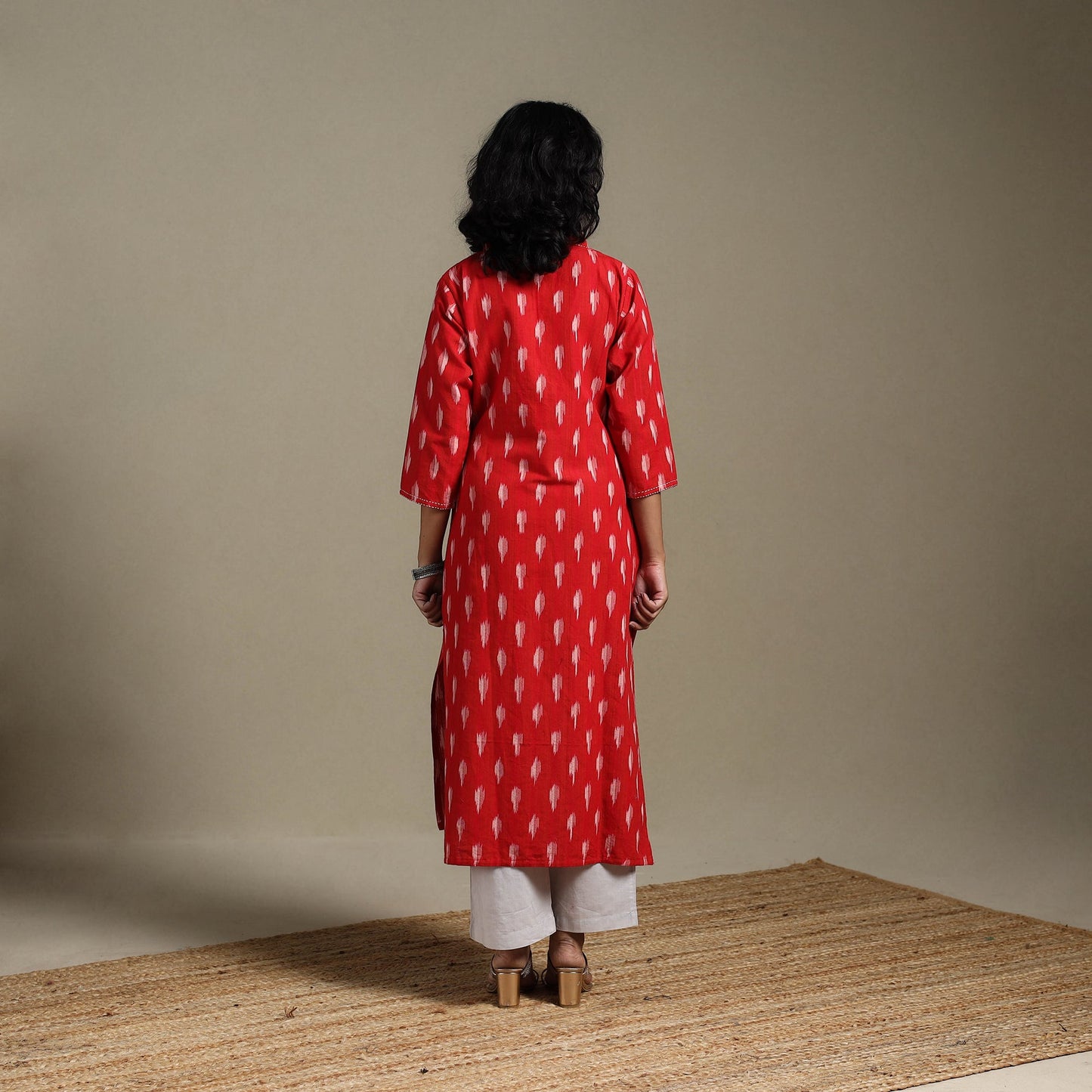 Red - hand embroidered cotton straight pochampally ikat