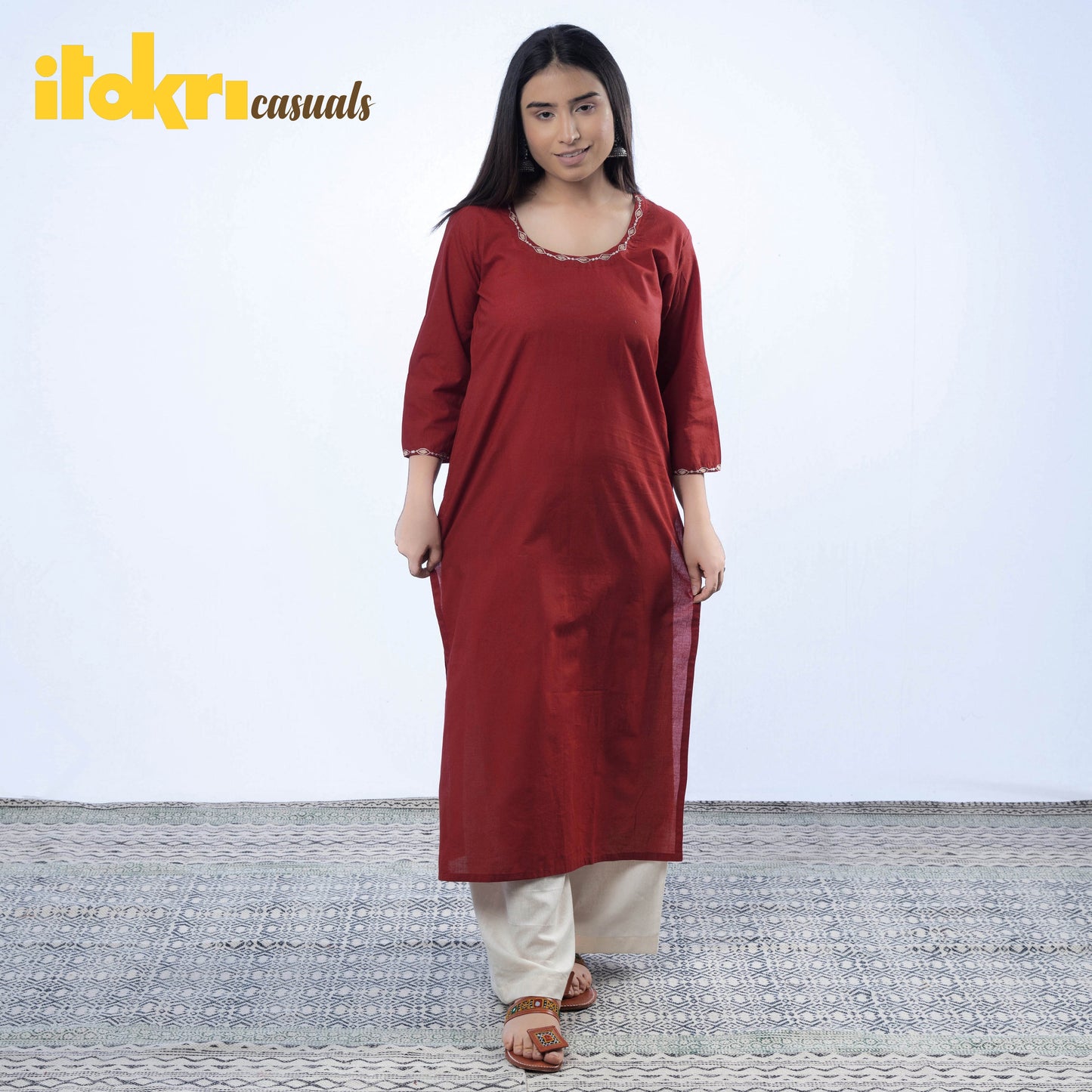  iTokri Casuals - Hand Embroidered Cotton Long Kurta 