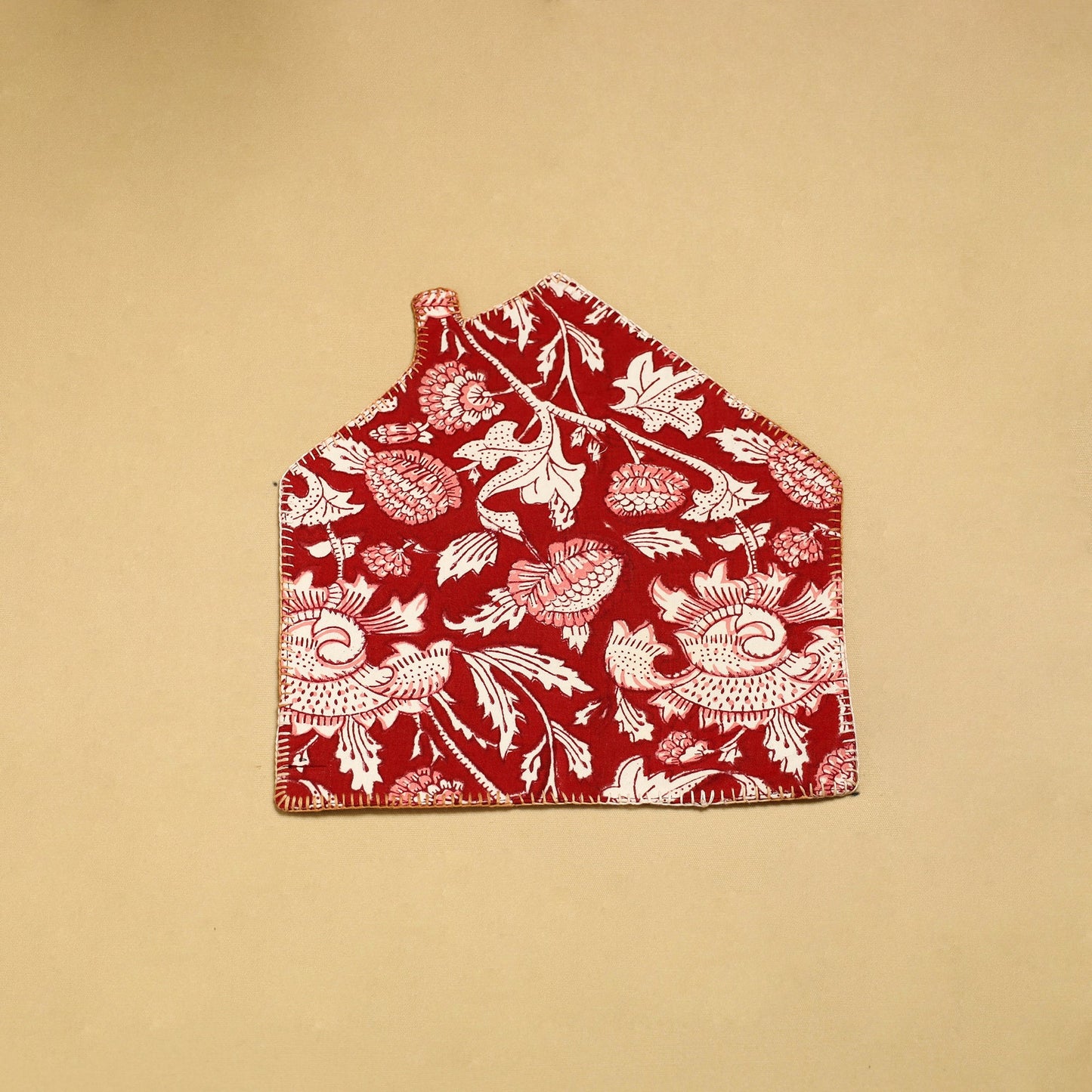 Red Hand Embroidered Floral Cotton Pot Holder with Pocket 