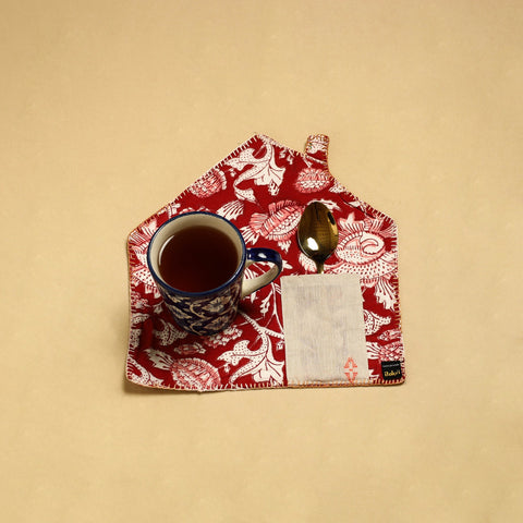 Red Hand Embroidered Floral Cotton Pot Holder with Pocket 