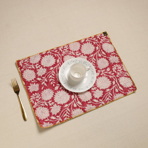  Hand Embroidered Floral Cotton Reversible Red Table Mat