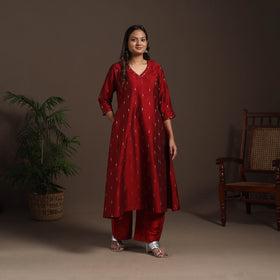 Red - hand embroidered a-line buti work spun dupion silk
