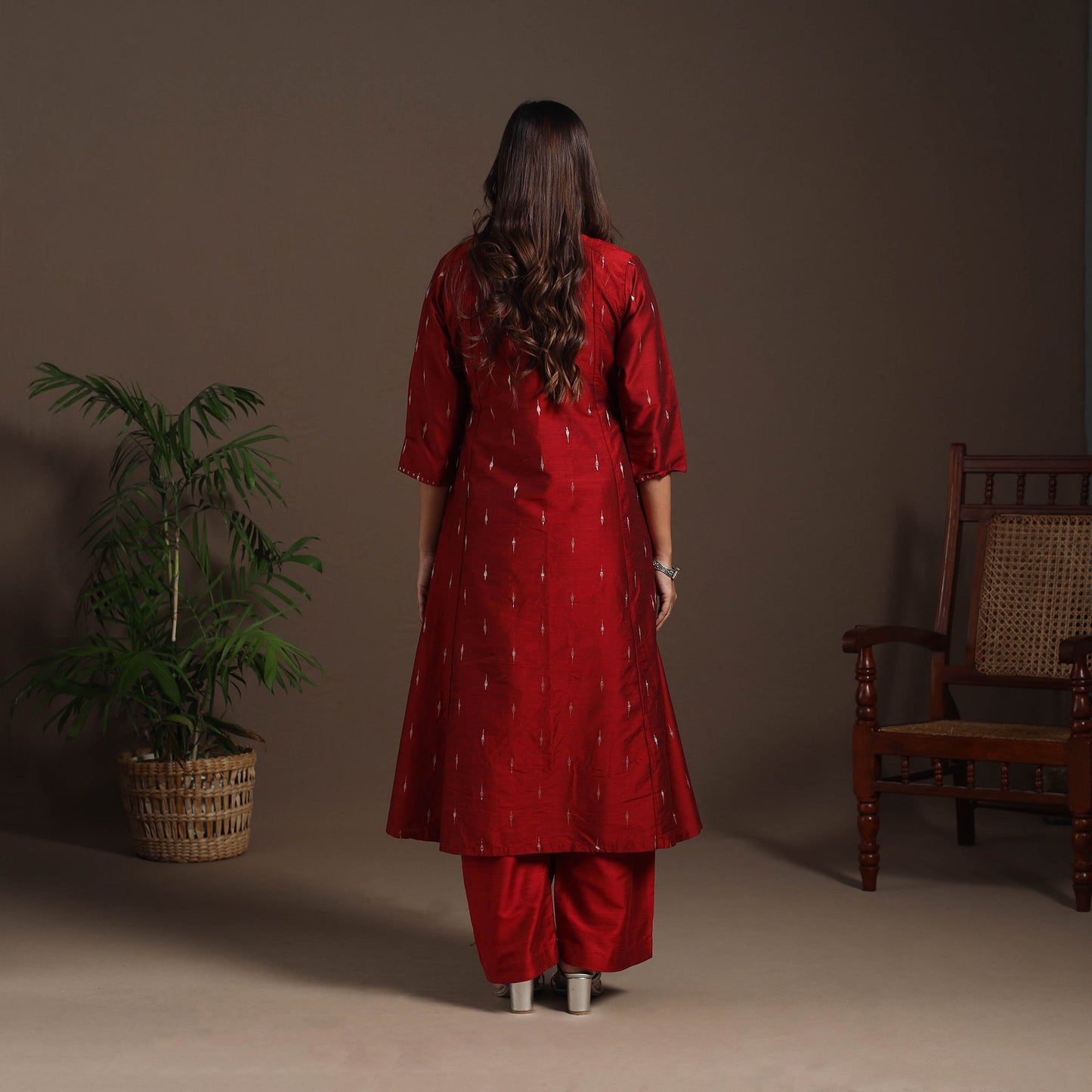 Red - hand embroidered a-line buti work spun dupion silk