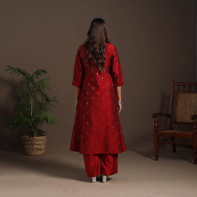 Red - hand embroidered a-line buti work spun dupion silk