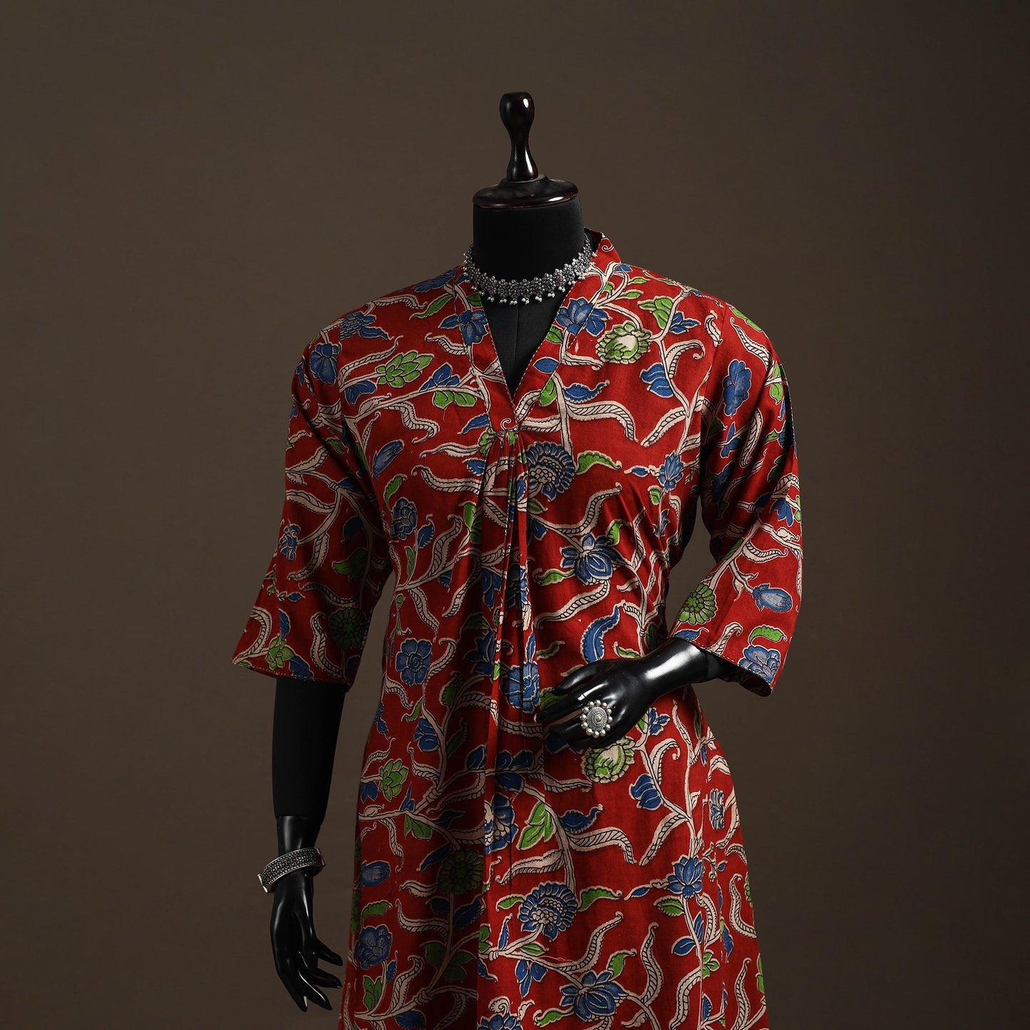 Hand embroidered printed cotton a-line kalamkari kurta