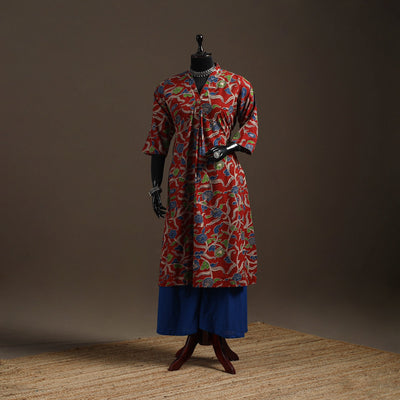 Hand embroidered printed cotton a-line kalamkari kurta