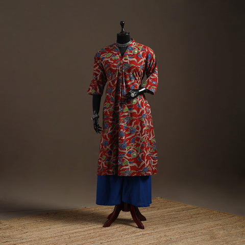 Hand embroidered printed cotton a-line kalamkari kurta