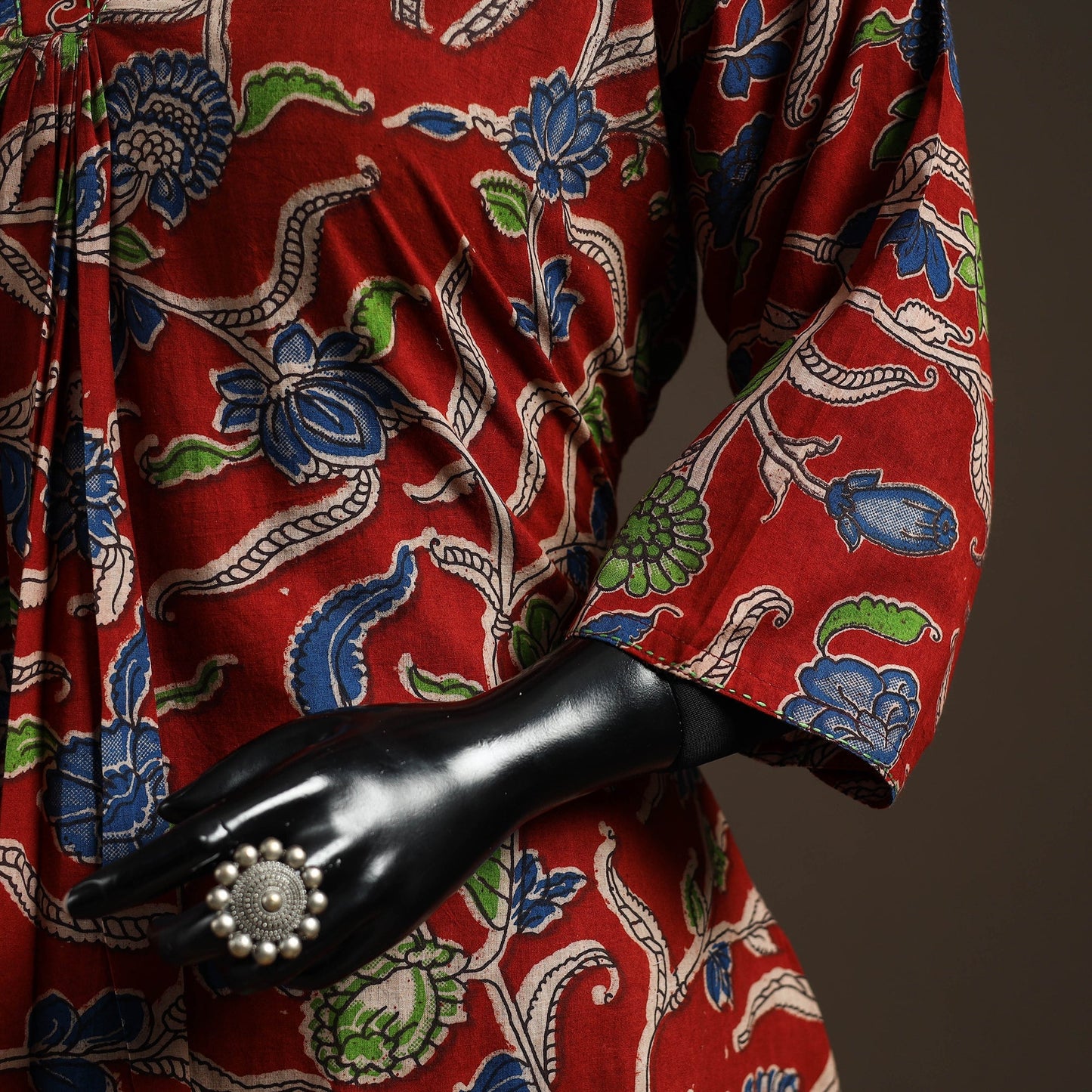 Hand embroidered printed cotton a-line kalamkari kurta