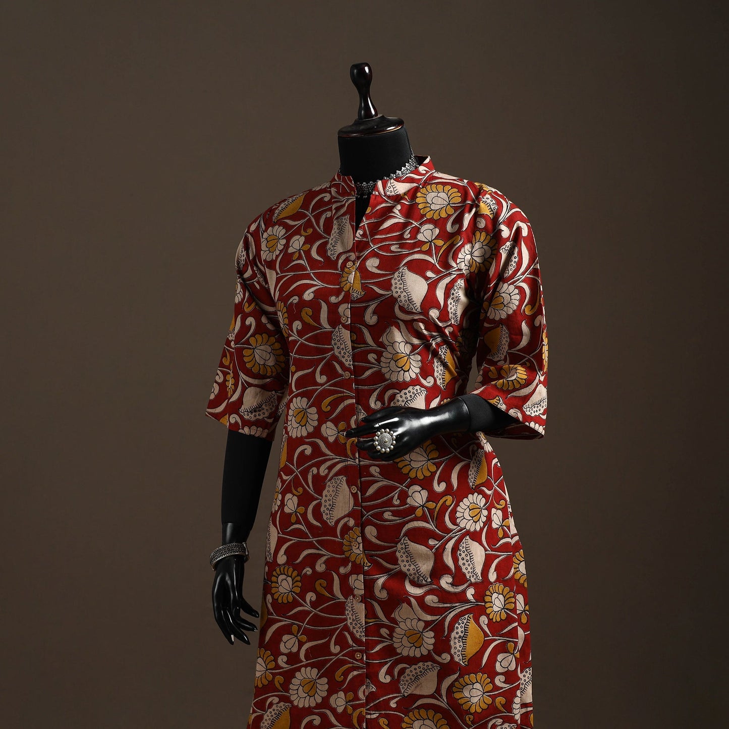 Hand embroidered printed cotton a-line kalamkari kurta