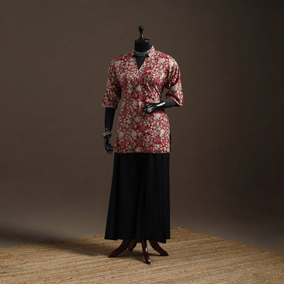 Hand embroidered printed cotton short kalamkari kurta