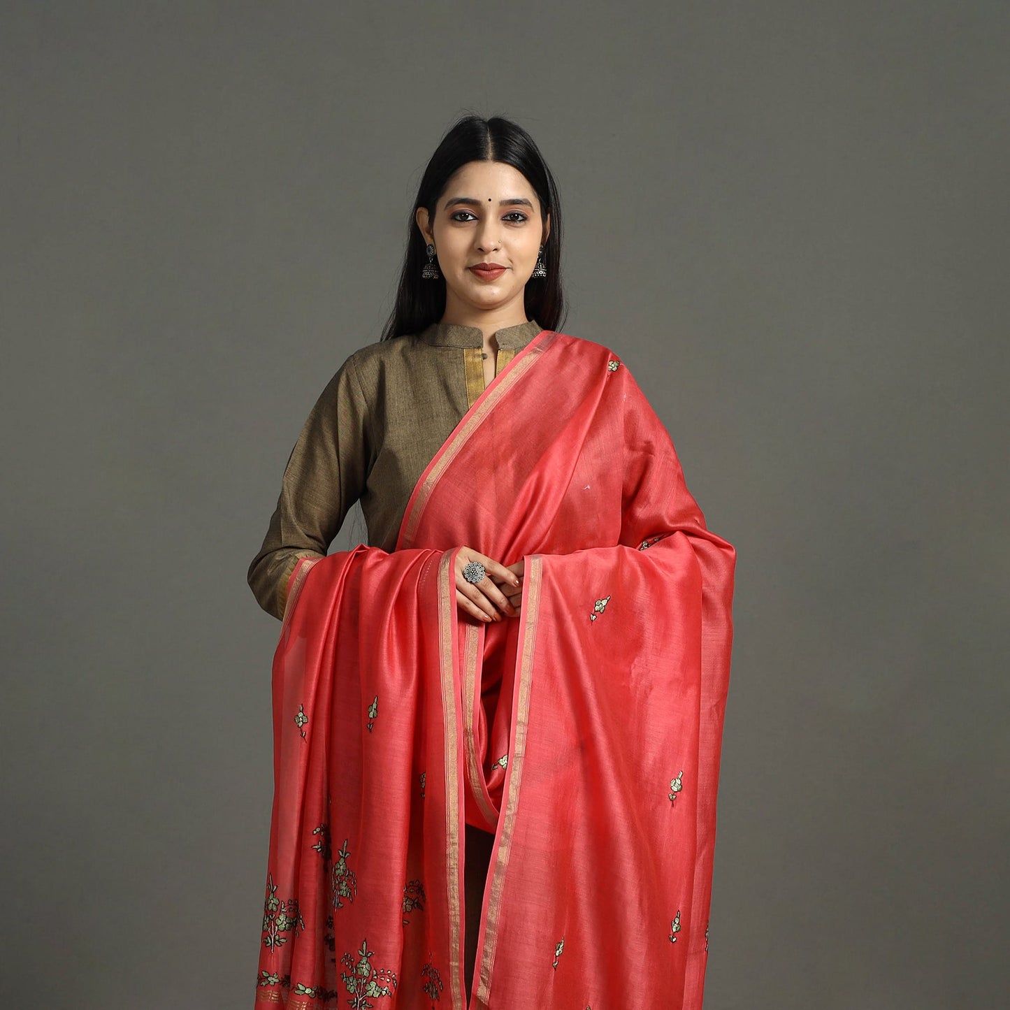 Red Hand Embroidery Chanderi Silk Handloom Kashida Dupatta