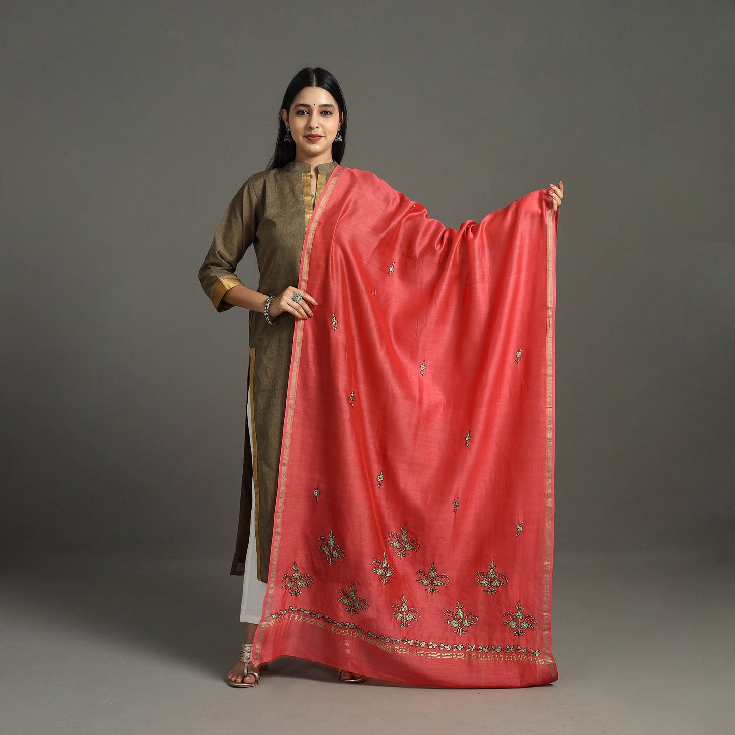 Red Hand Embroidery Chanderi Silk Handloom Kashida Dupatta