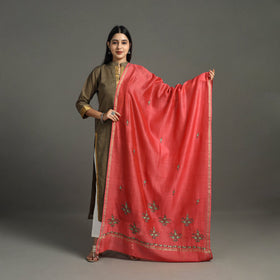 Red Hand Embroidery Chanderi Silk Handloom Kashida Dupatta