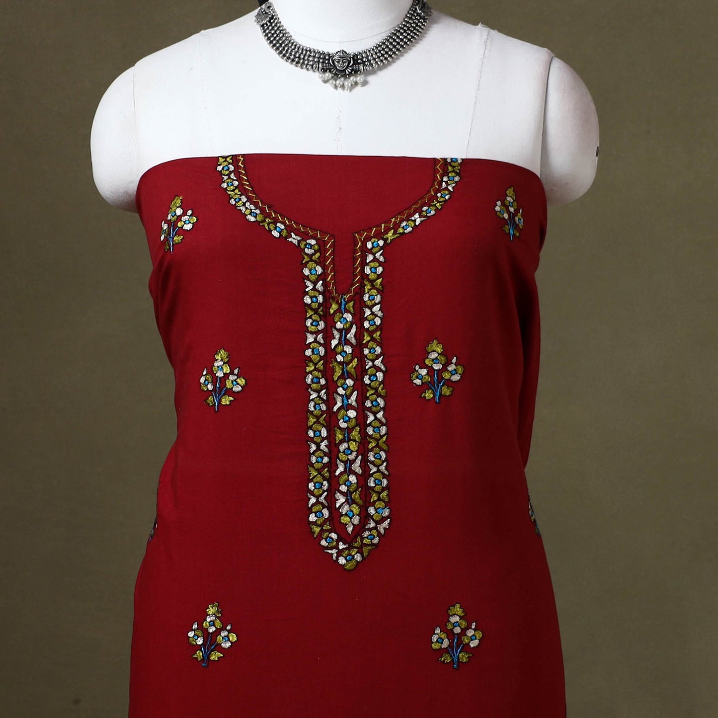 Red Hand Embroidery Cotton Kashida Kurta Material