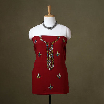Red Hand Embroidery Cotton Kashida Kurta Material
