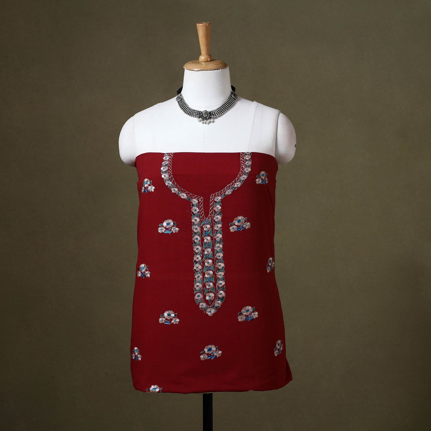 Red Hand Embroidery Cotton Kashida Kurta Material