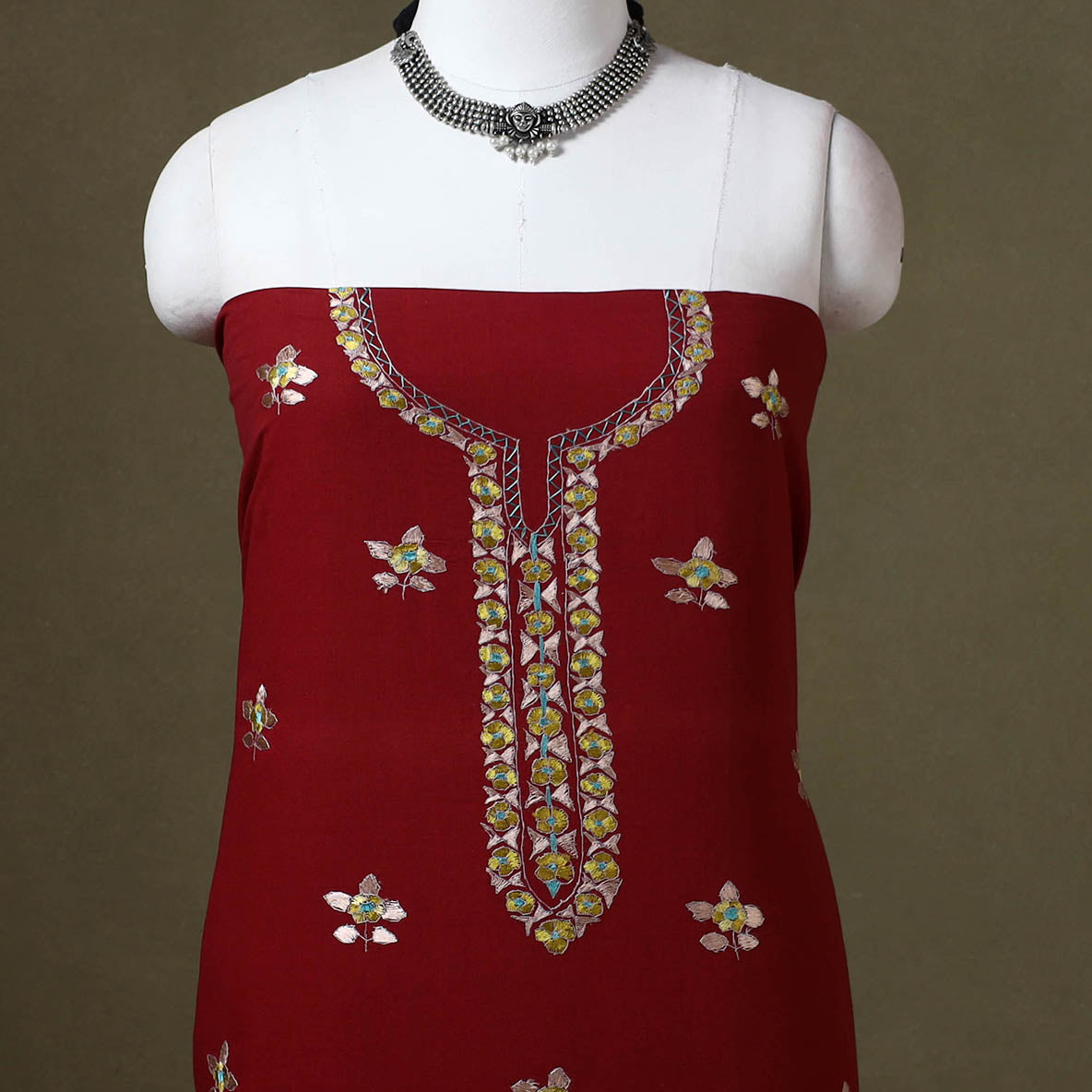 Red - hand embroidery cotton kashida unstitched kurta