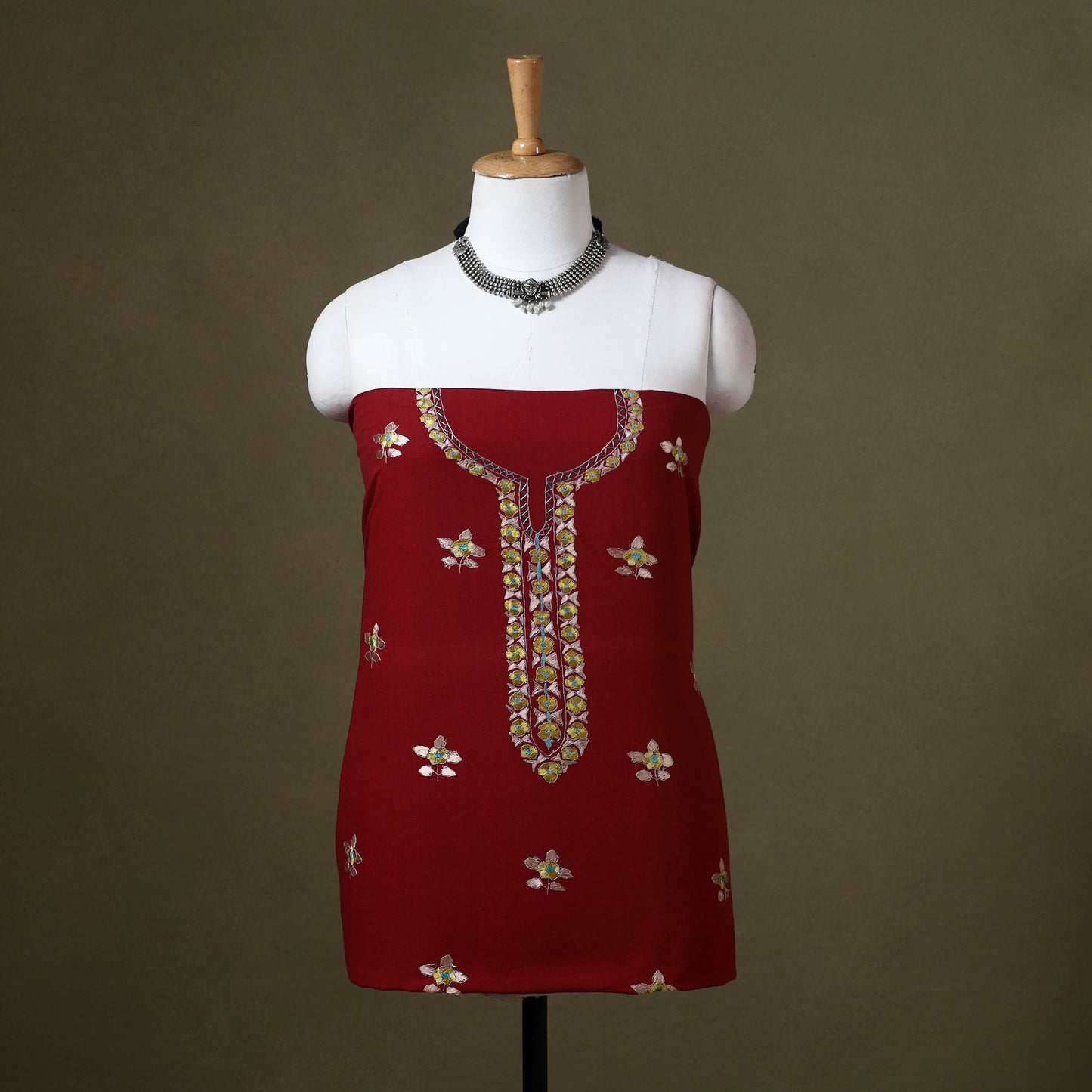 Red - hand embroidery cotton kashida unstitched kurta