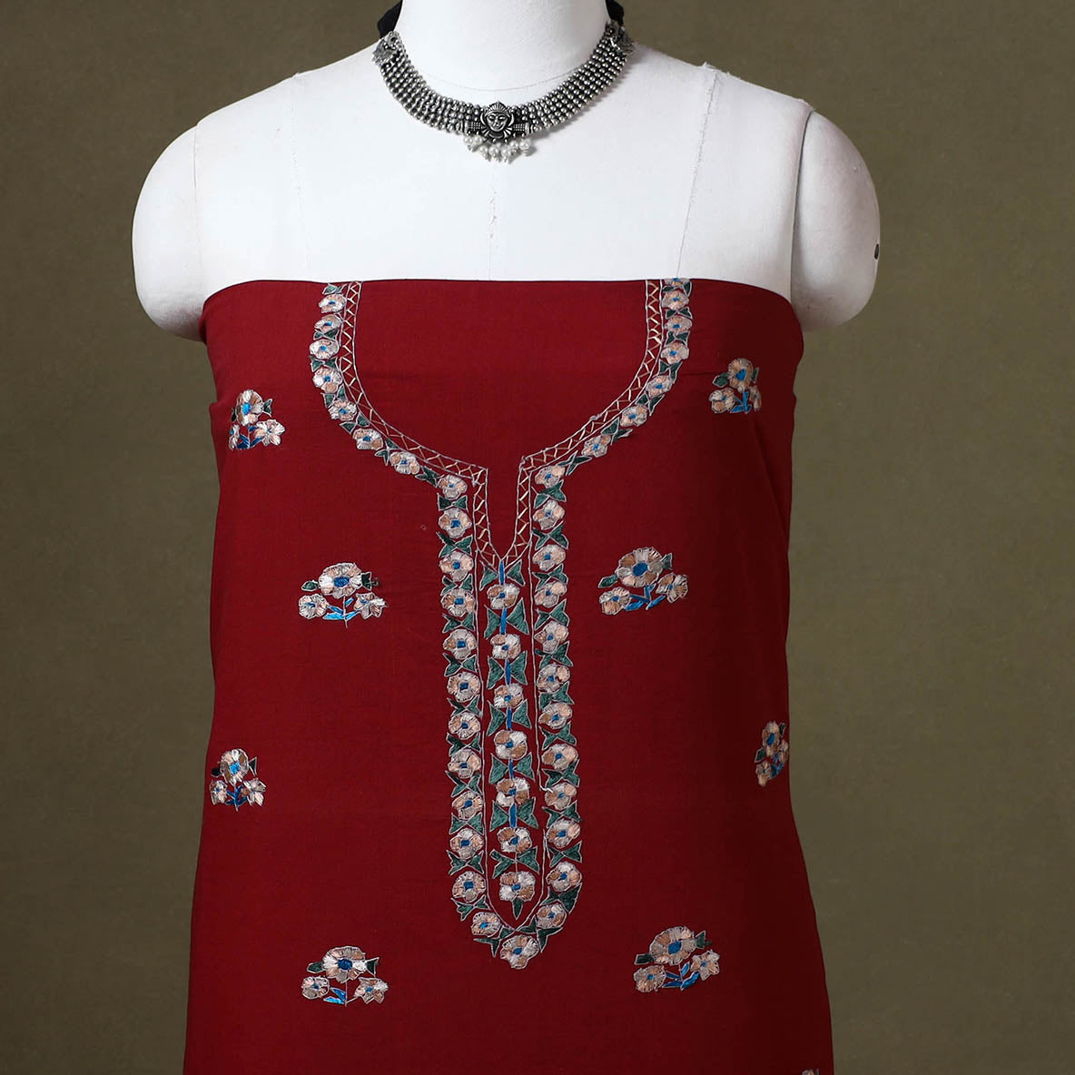 Red Hand Embroidery Cotton Kashida Kurta Material