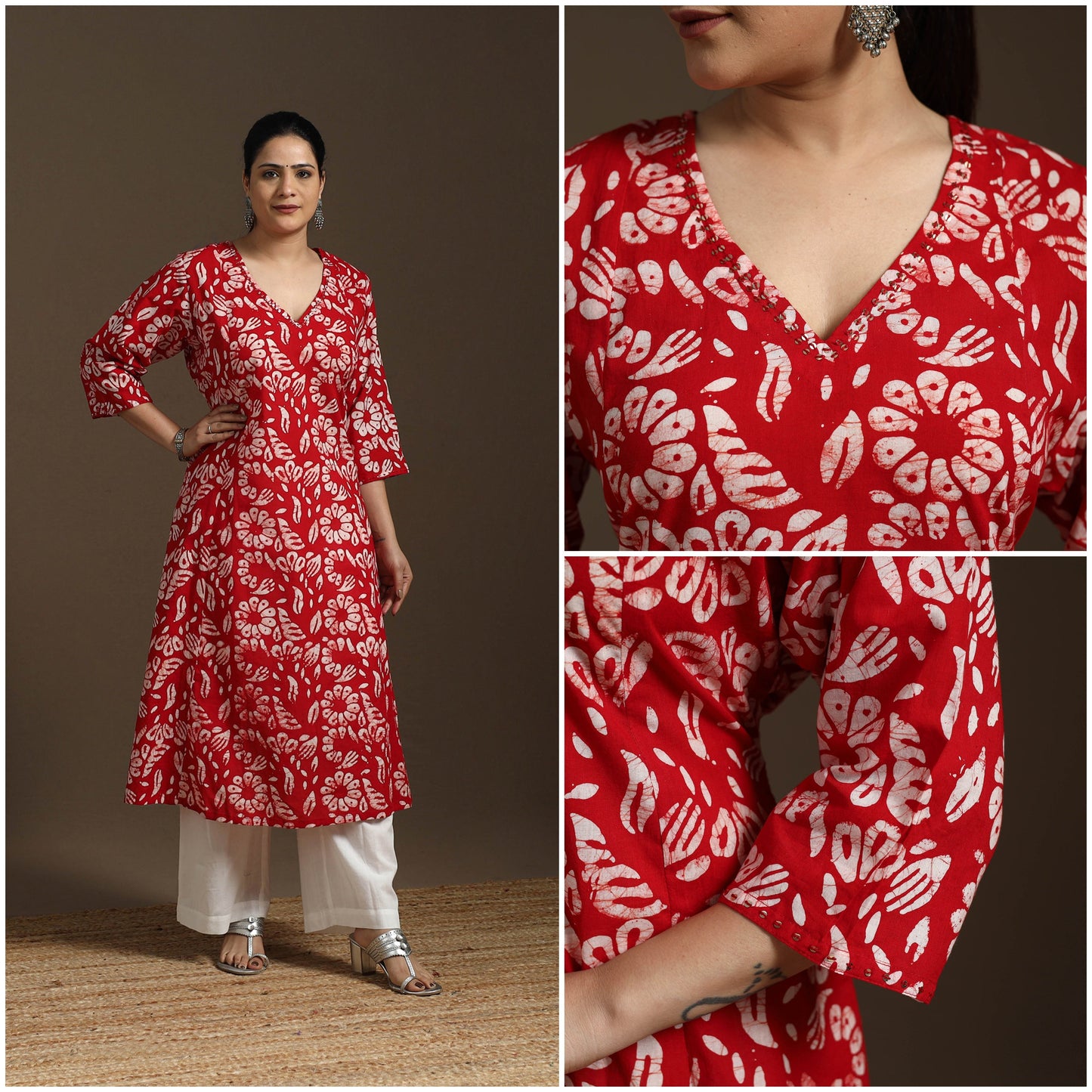 Hand embroidery cotton a-line batik kurta for women 02