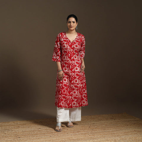 Hand embroidery cotton a-line batik kurta for women 02