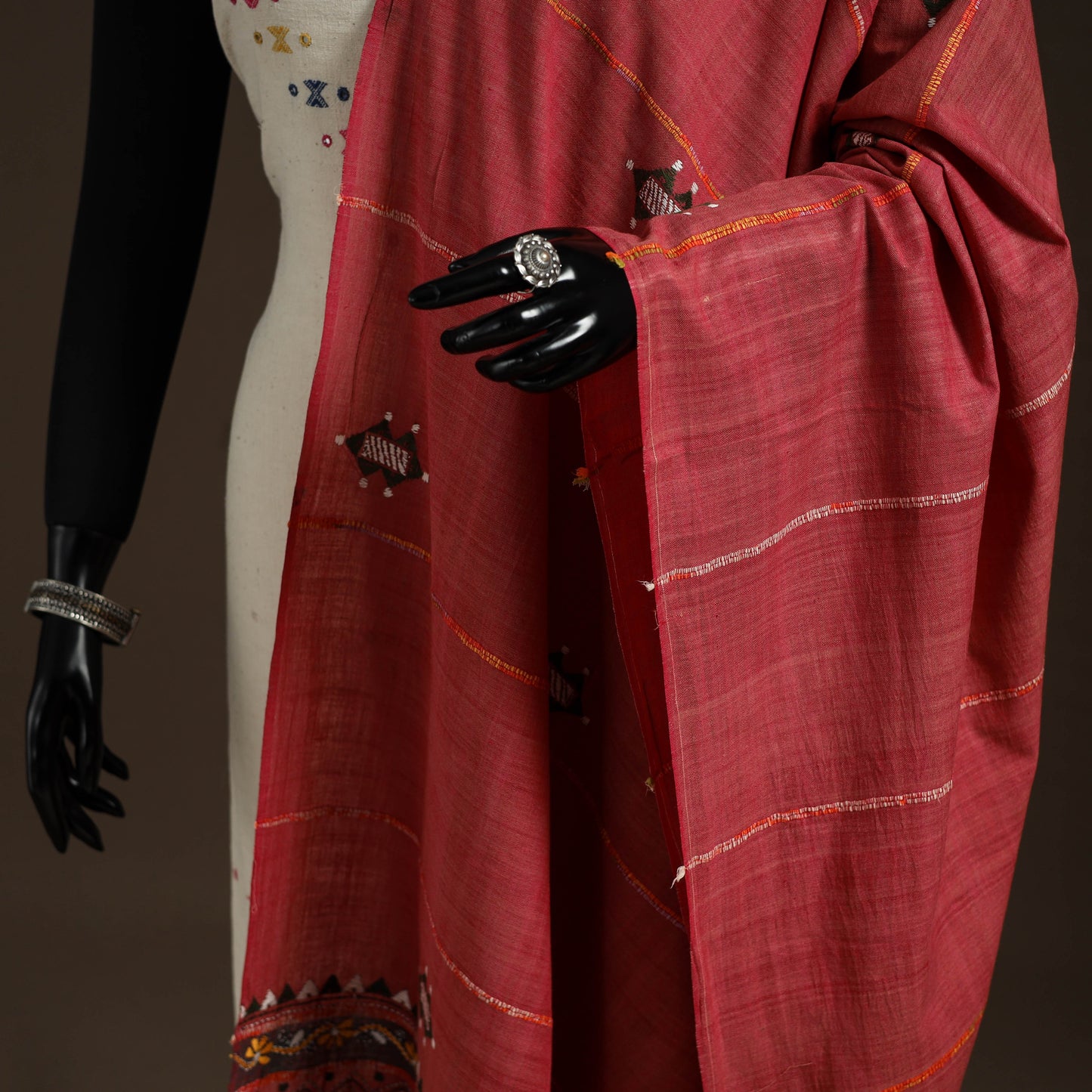 Red Hand Embroidery Khes Handwoven Cotton Kantha Dupatta