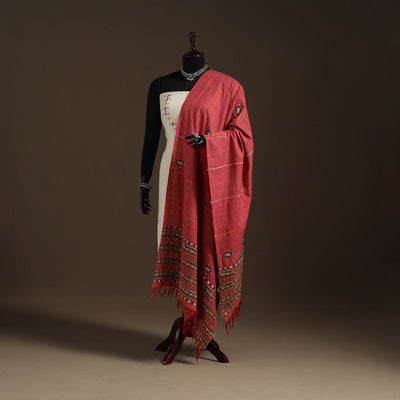 Red Hand Embroidery Khes Handwoven Cotton Kantha Dupatta