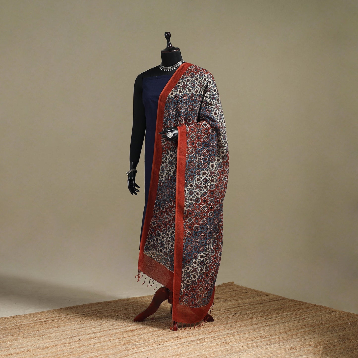 Hand natural dyed linen dupatta with tassels 17