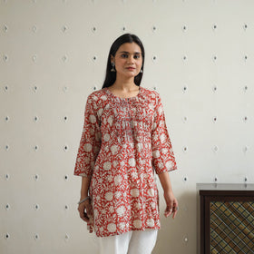 Buy Hand Block Printed Cotton Short Pintuck Bagru Kurta