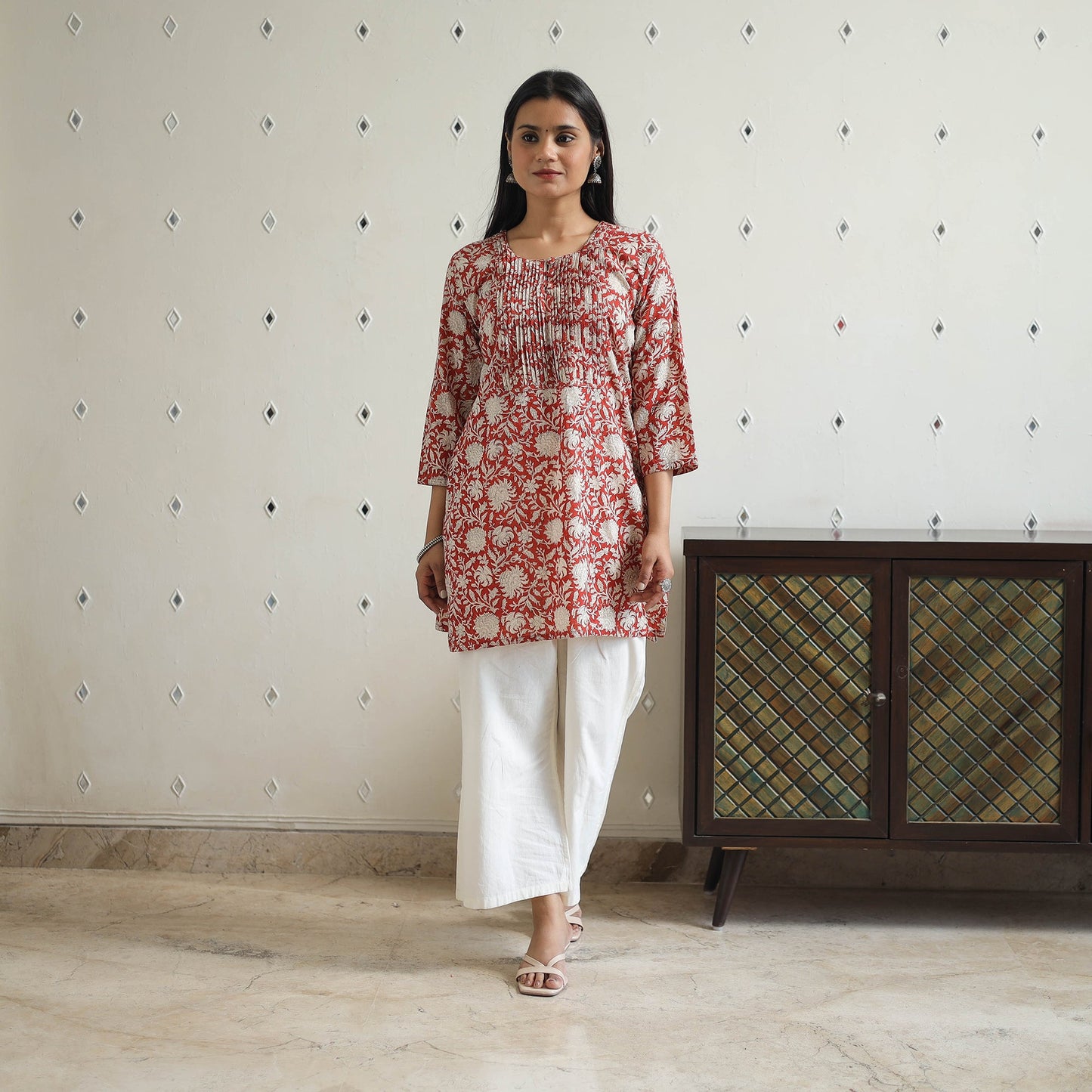 Buy Hand Block Printed Cotton Short Pintuck Bagru Kurta