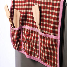 Red Hand Block Print Cotton Fridge Top Cover with Pockets
