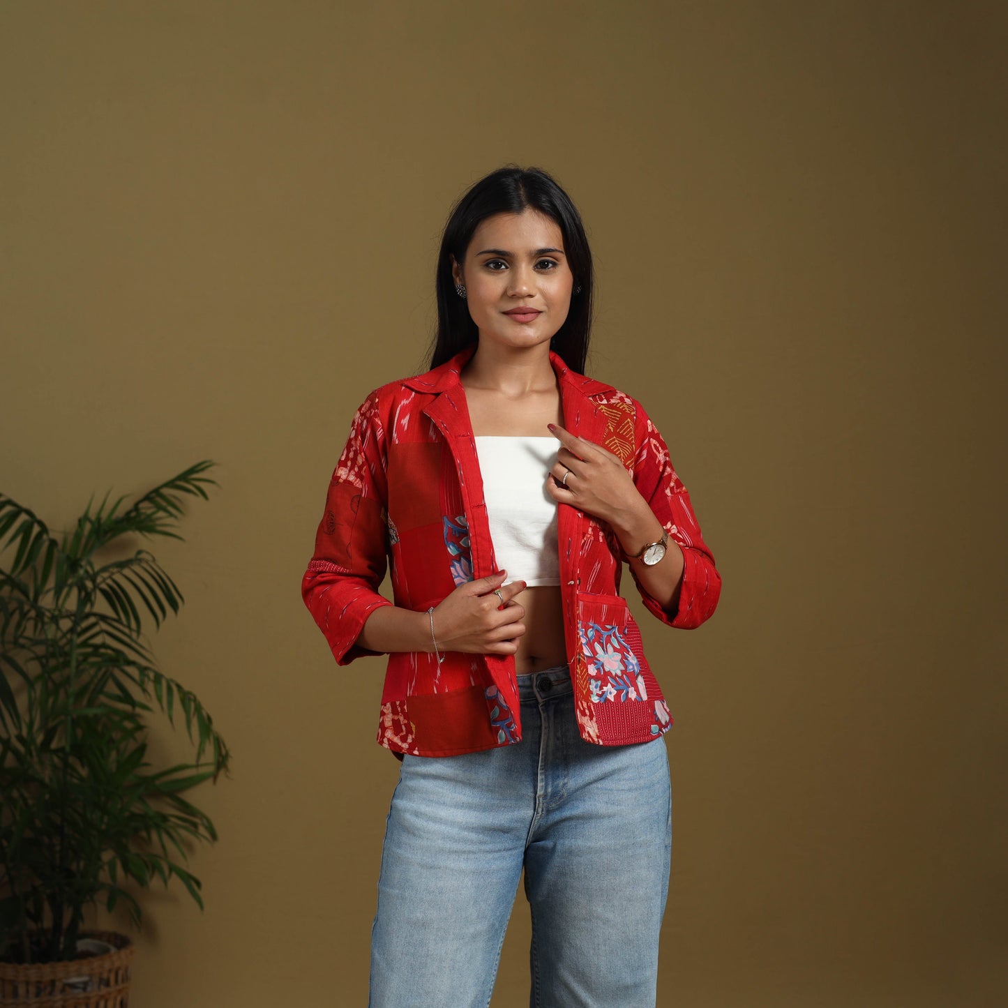 Red - hand-stitched mosaic cotton women’s jacket 02