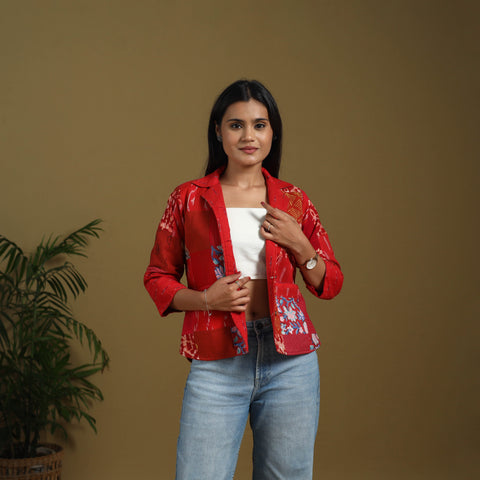 Red - hand-stitched mosaic cotton women’s jacket 02