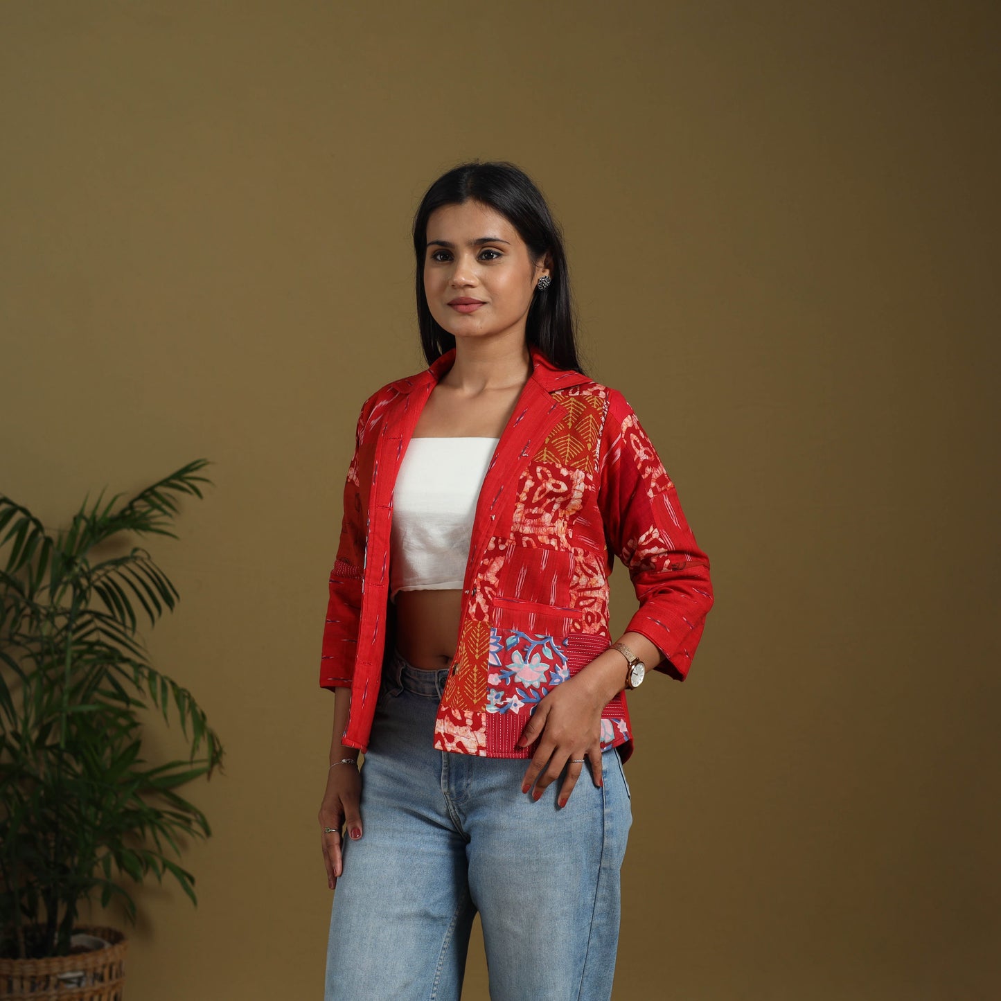 Red - hand-stitched mosaic cotton women’s jacket 02