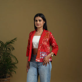Red - hand-stitched mosaic cotton women’s jacket 02