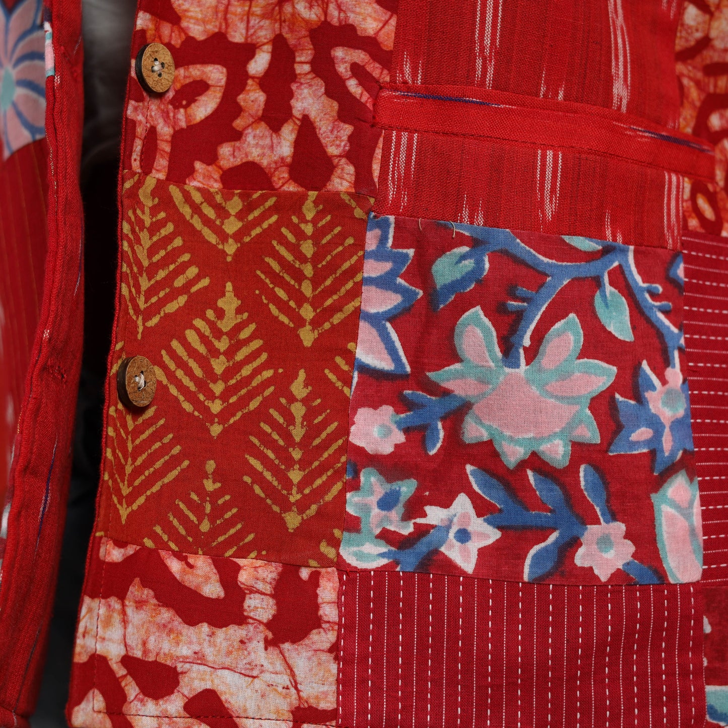 Red - hand-stitched mosaic cotton women’s jacket 02