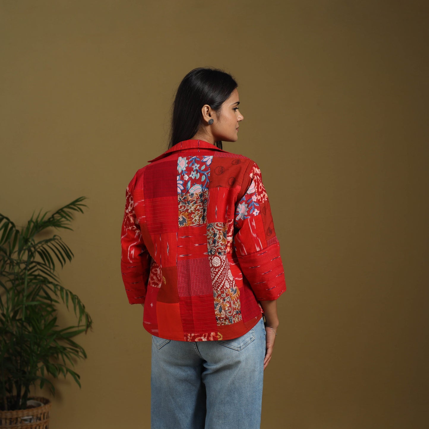 Red - hand-stitched mosaic cotton women’s jacket 02