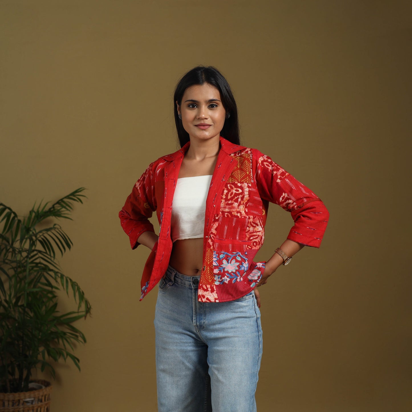 Red - hand-stitched mosaic cotton women’s jacket 02