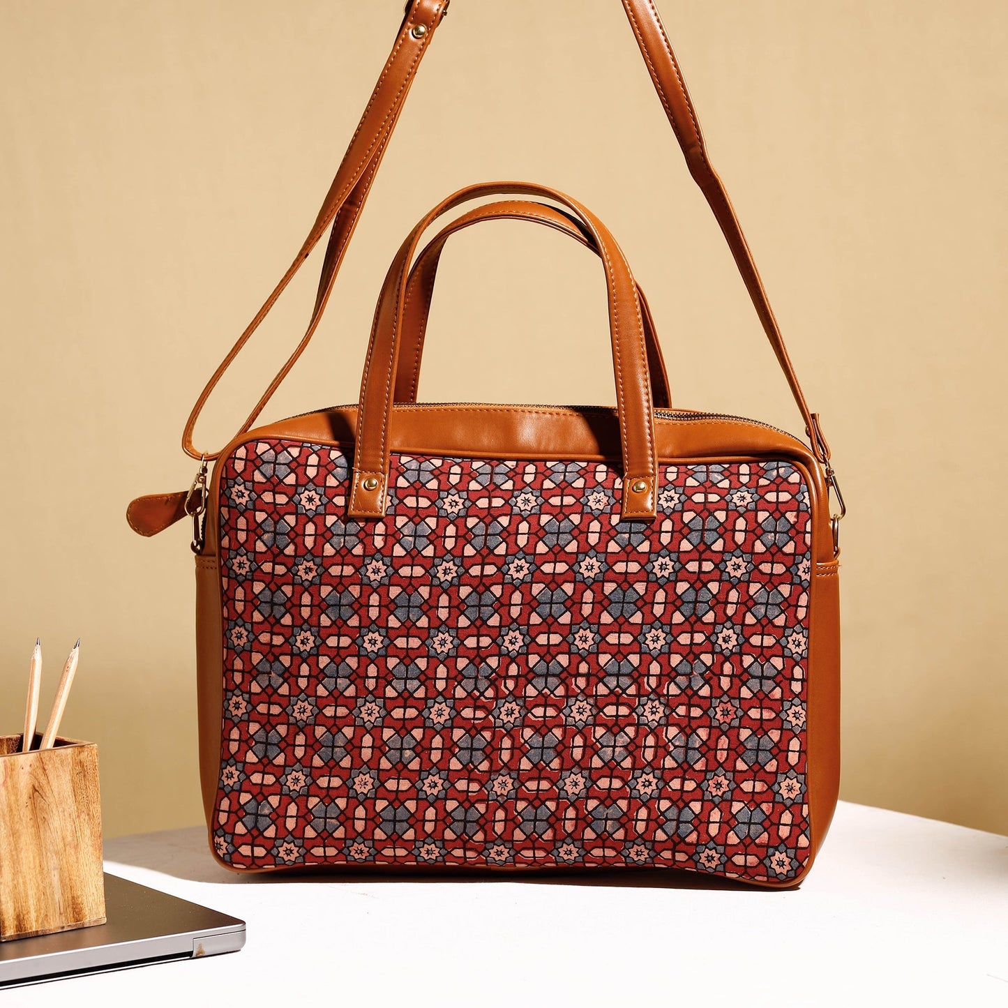  Handcrafted Ajrakh Block Printed Cotton Laptop Bag 