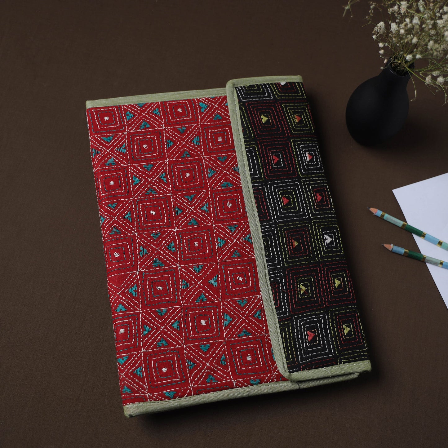 Red Handcrafted Bengal Kantha Work File Folder
