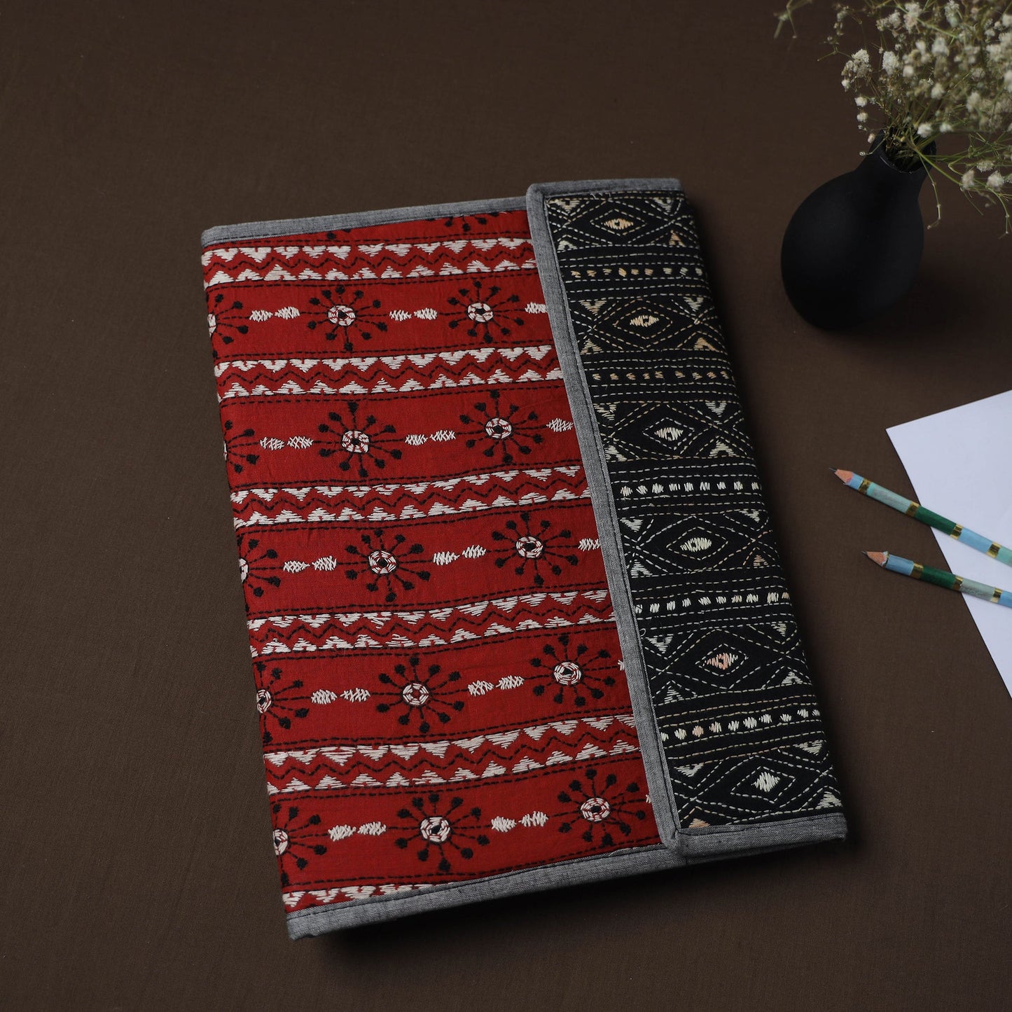 Red Handcrafted Bengal Kantha Work File Folder