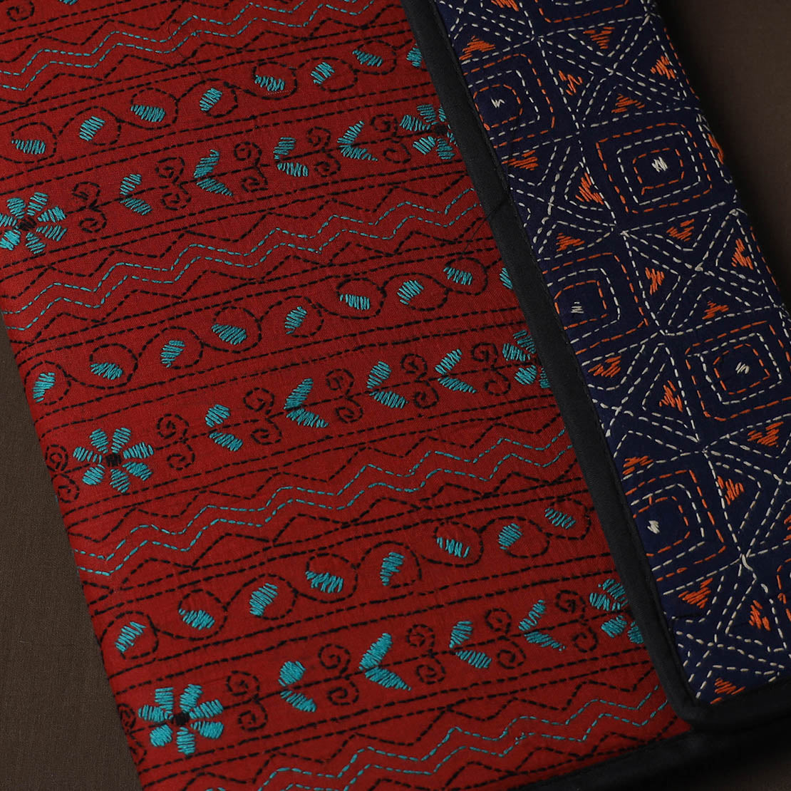 Red Handcrafted Bengal Kantha Work File Folder