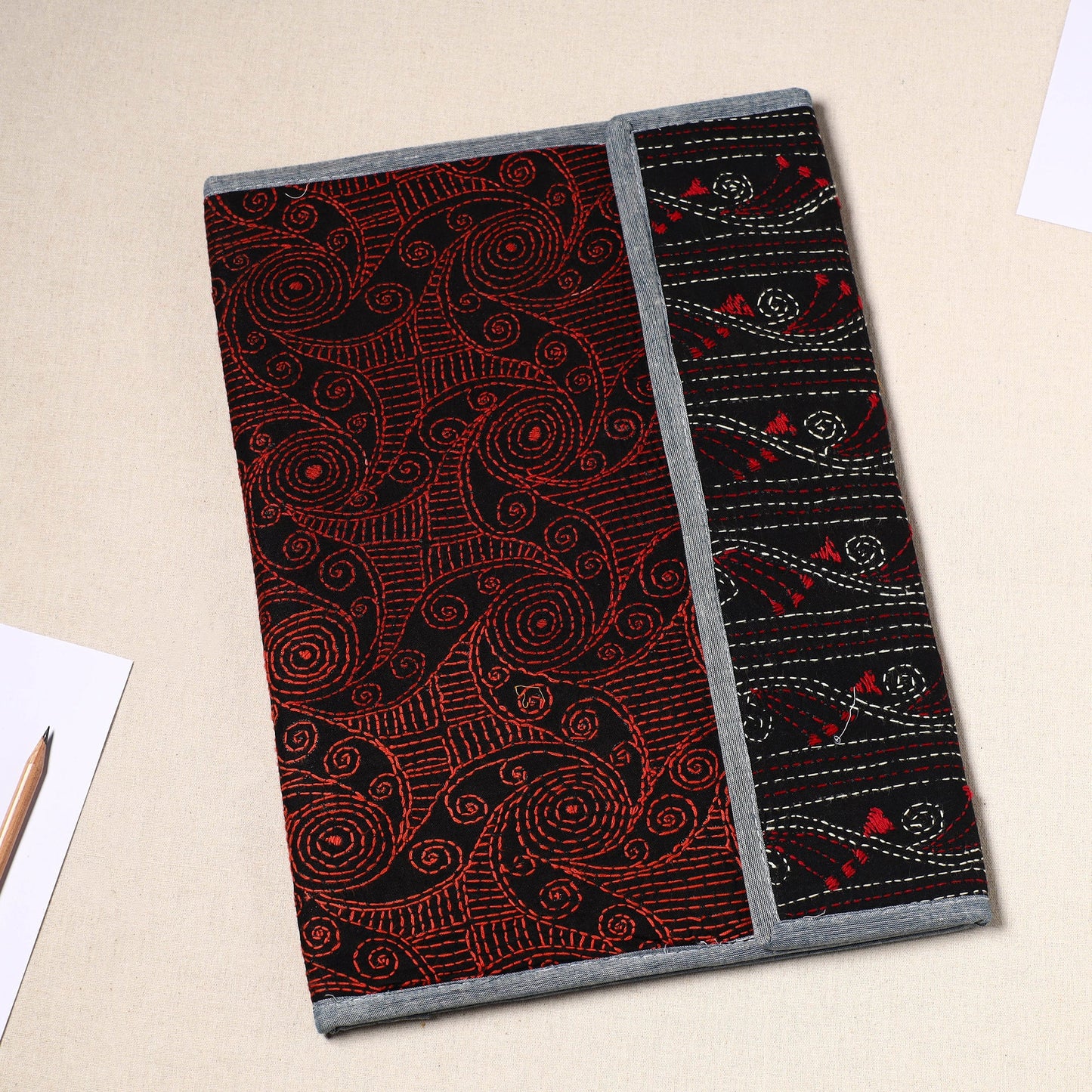 Red Handcrafted Bengal Kantha Work File Folder